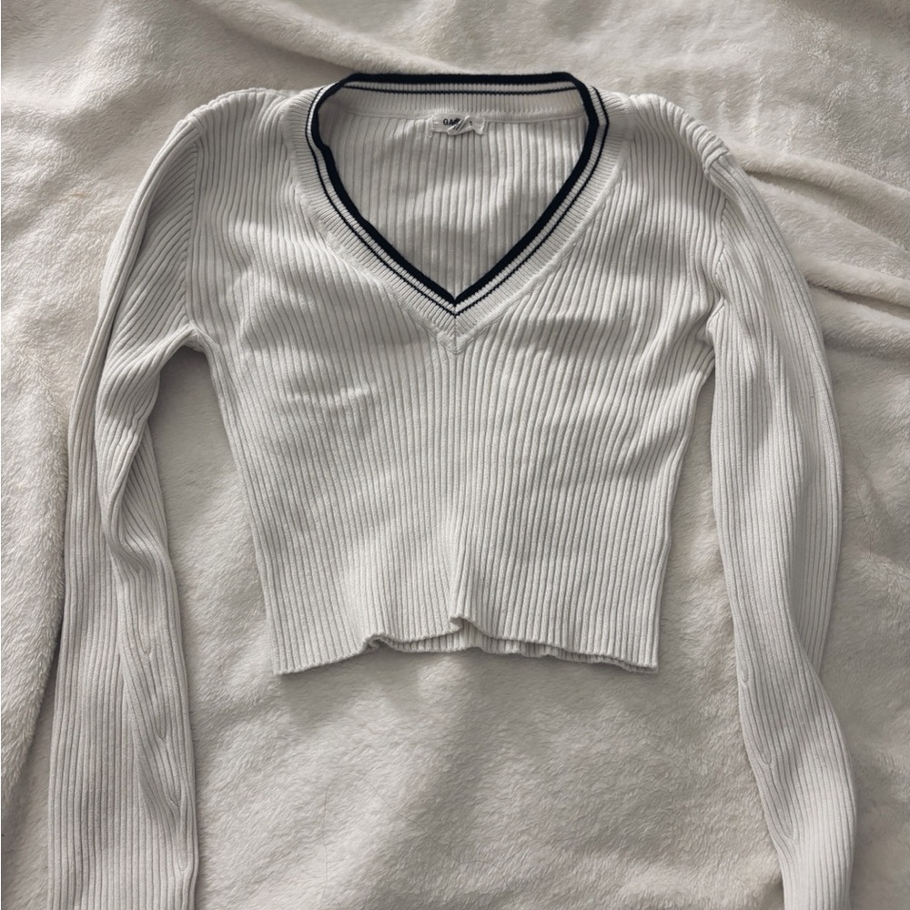 Garage White V-Neck Ribbed Top with Black Trim